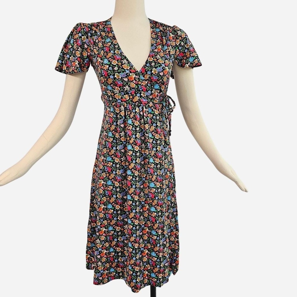 Vintage Rainbow Floral Wrap Dress w/ Tie Waist Fluttery Sleeve Black Gown V-neck - Picture 1 of 8